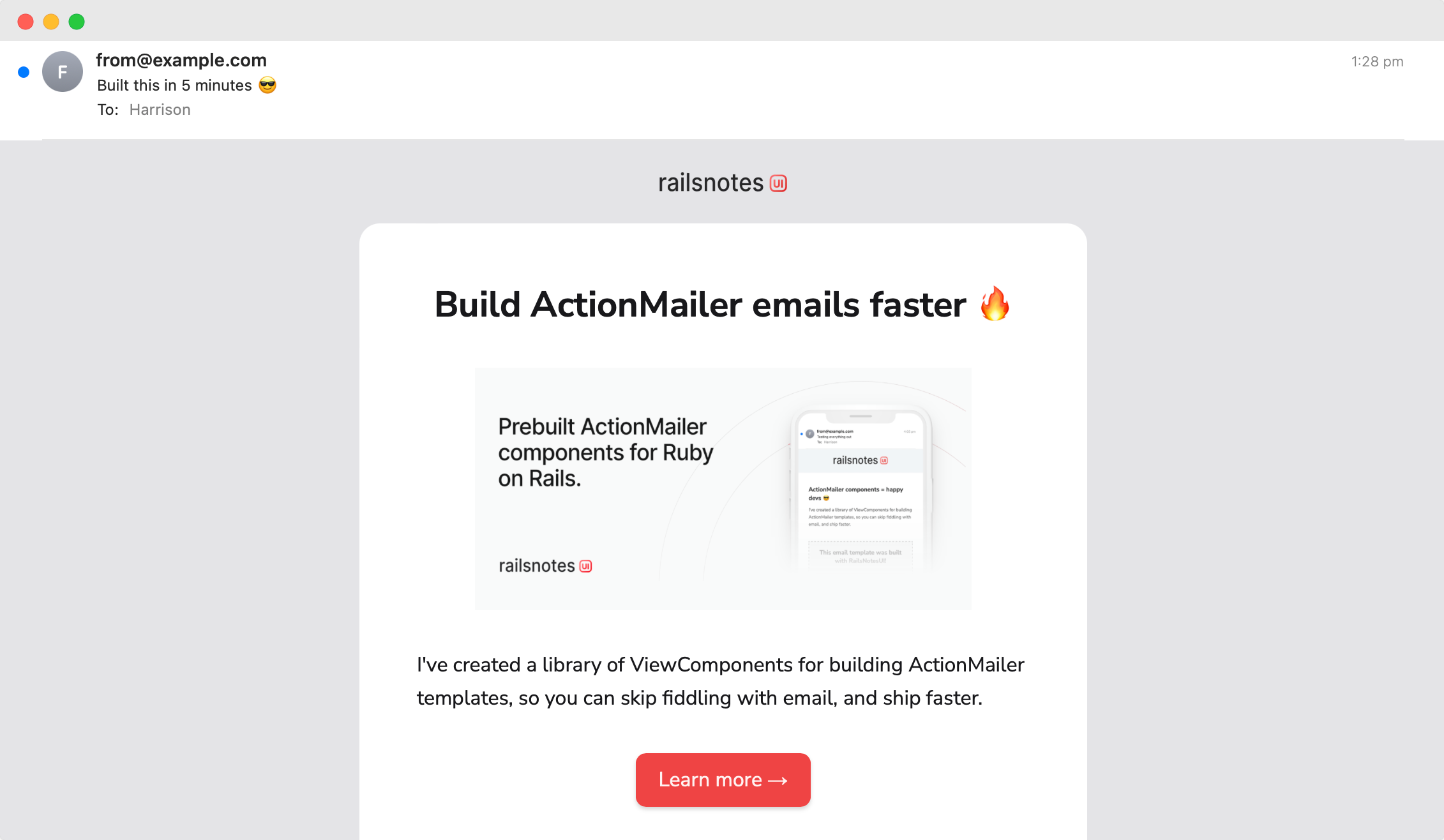 ActionMailer mailer template built with the RailsNotes UI email components.